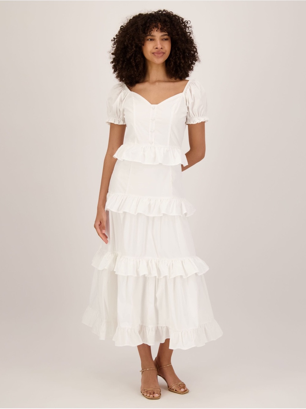 NWT Flat White Ruffle Tiered Maxi Dress Puff Sleeve Cottage Core Medium